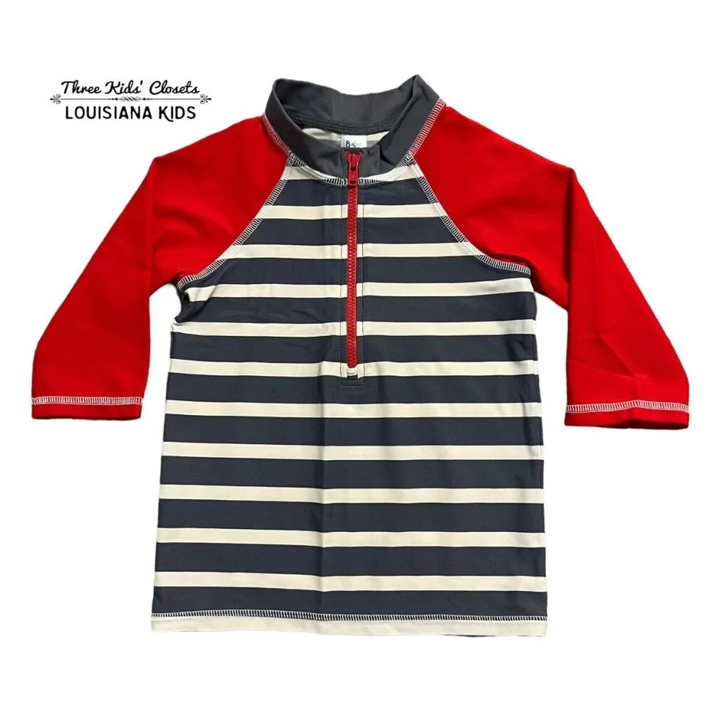 Baby Boden 2-3Y Red & Grey Striped Rashguard Swim Shirt